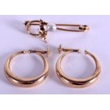 A PAIR OF 9CT GOLD EARRINGS together with a 9ct gold and pearl brooch. 6.6 grams. (3)
