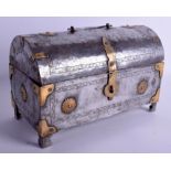 A LARGE EARLY 20TH CENTURY MIDDLE EASTERN TURKISH STEEL AND BRASS CASKET decorated with floral roun