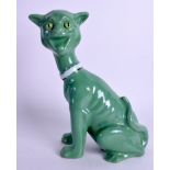 A RARE EARLY 20TH CENTURY MASONIC GREEN GLAZED FIGURE OF A CAT in the manner of Louis Wain. 21 cm h