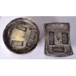 TWO CHINESE WHITE METAL INGOT, of varying design. 5.5 cm wide. (2)