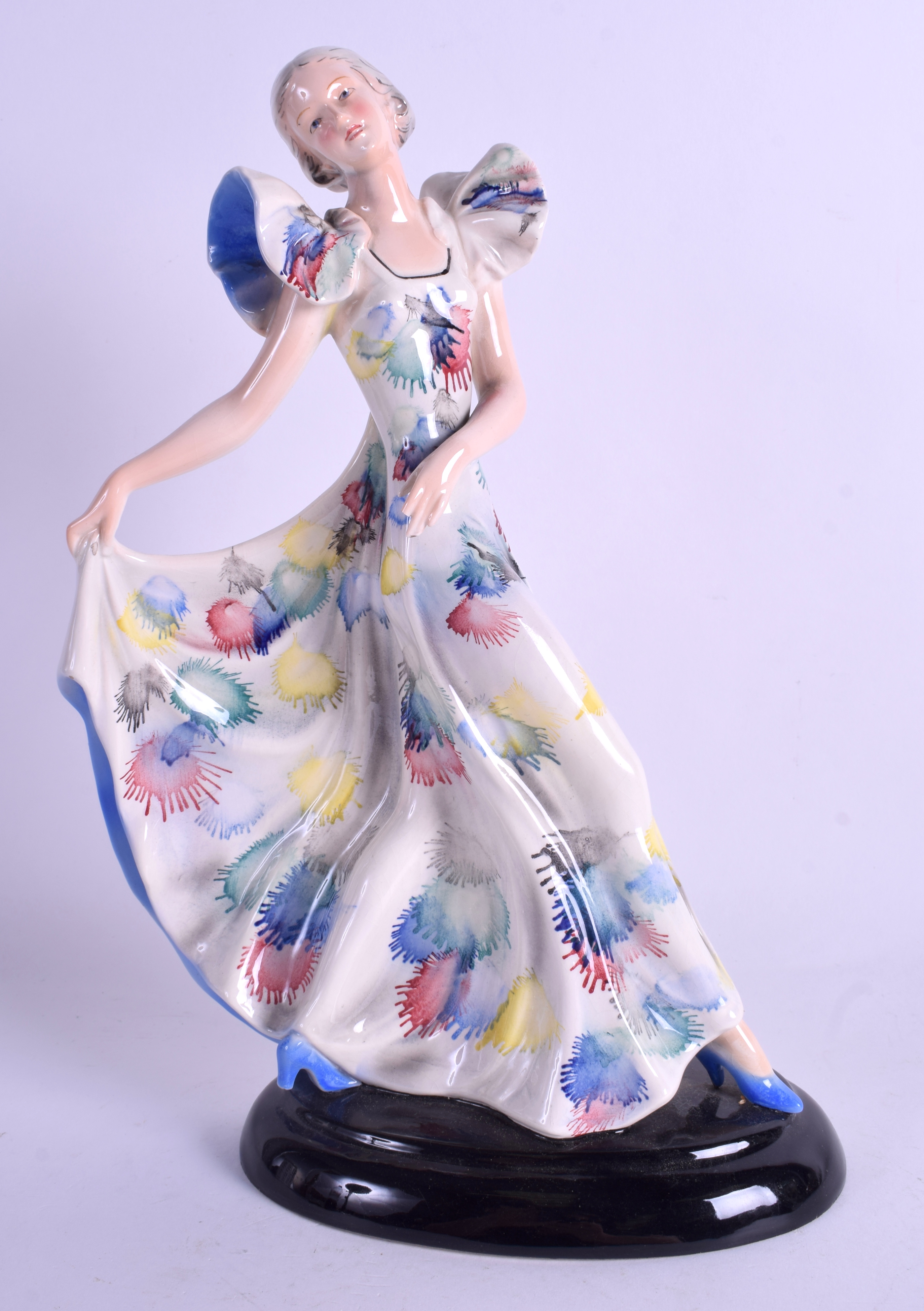 A RARE ART DECO M J HUMMEL FIGURE OF A FEMALE modelled holding aloft her dress. 32 cm x 19 cm. - Image 2 of 4