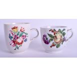 TWO 18TH CENTURY DOCCIA COFFEE CUPS painted with tulips and a yellow rose. (2)