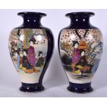 A LARGE PAIR OF JAPANESE SATSUMA POTTERY VASE, blue ground and painted with panels of figures in la