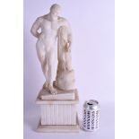 A LARGE 19TH CENTURY ITALIAN CARVED ALABASTER FIGURE OF THE FARNESE HERCULES modelled upon a square