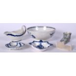 AN 18TH CENTURY ENGLISH LEAF SHAPED PORCELAIN DISH, together with a creamware asparagus server etc.