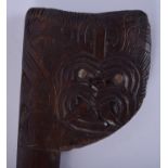 AN EARLY 20TH CENTURY POLYNESIAN ABALONE SHELL TRIBAL CARVED WOOD CLUB decorated with mask heads. 1