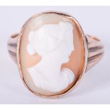 A 9CT GOLD CAMEO RING. Size Q. 4.3 grams.