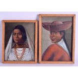 A PAIR OF 19TH CENTURY CONTINENTAL OIL ON CANVAS depicting South American females. Image 14 cm x 18
