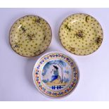 A 19TH CENTURY FRENCH FAIENCE CIRCULAR DISH together with two Italian Cantagalli plates. 23 cm wide