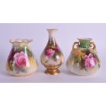 A ROYAL WORCESTER SACK SHAPED VASE Shape C957, a two handled vase 155H and a rose vase 285H. Larges