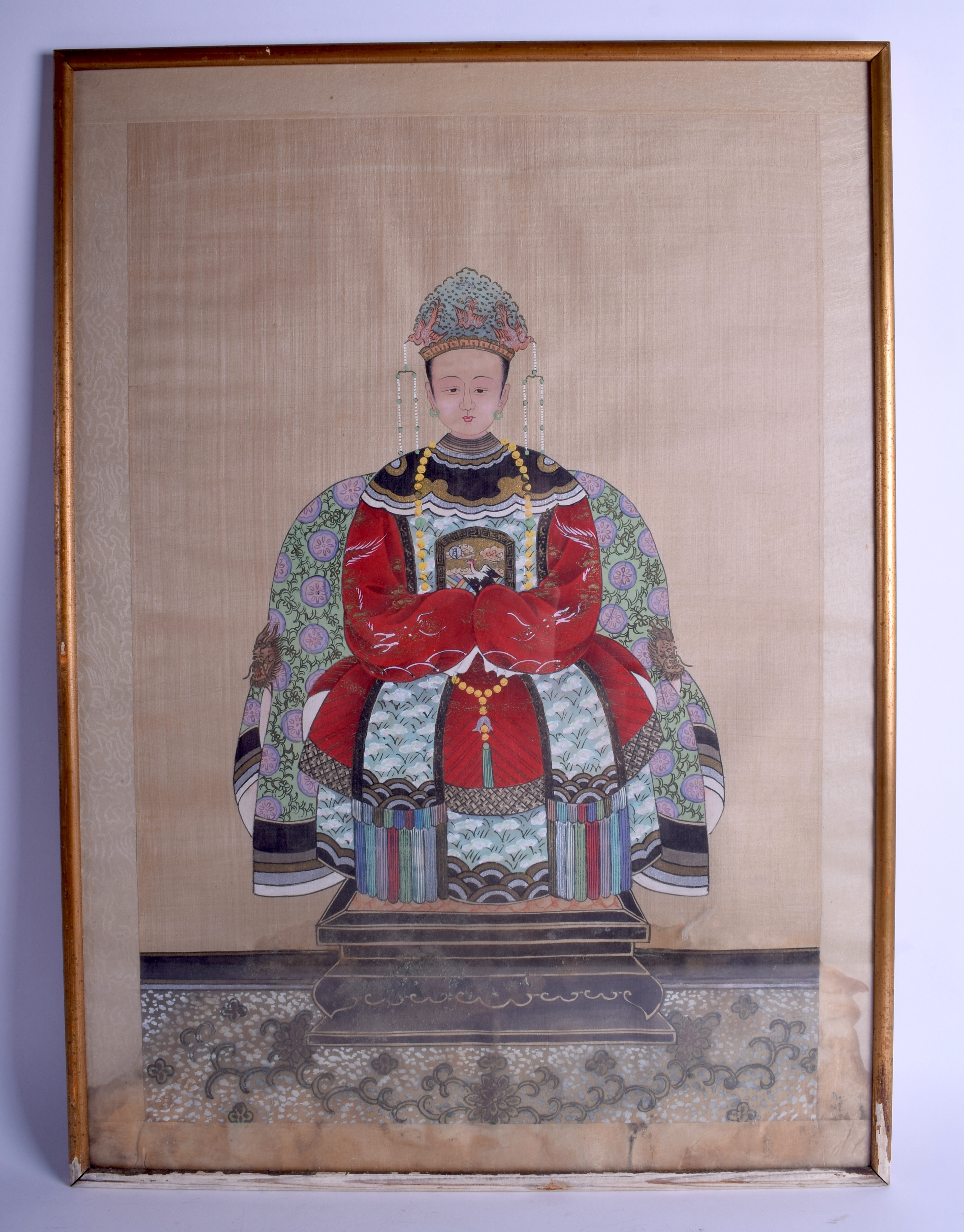 A CHINESE FRAMED ANCESTRAL WATERCOLOUR. Image 68 cm x 40 cm.