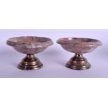 A PAIR OF MID 19TH CENTURY CONTINENTAL SILVER AND HARDSTONE TAZZA decorated with silver roundels. 9
