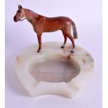 A STYLISH ART DECO COLD PAINTED BRONZE AND ONYX EQUESTRIAN INKWELL. 10 cm x 14 cm.