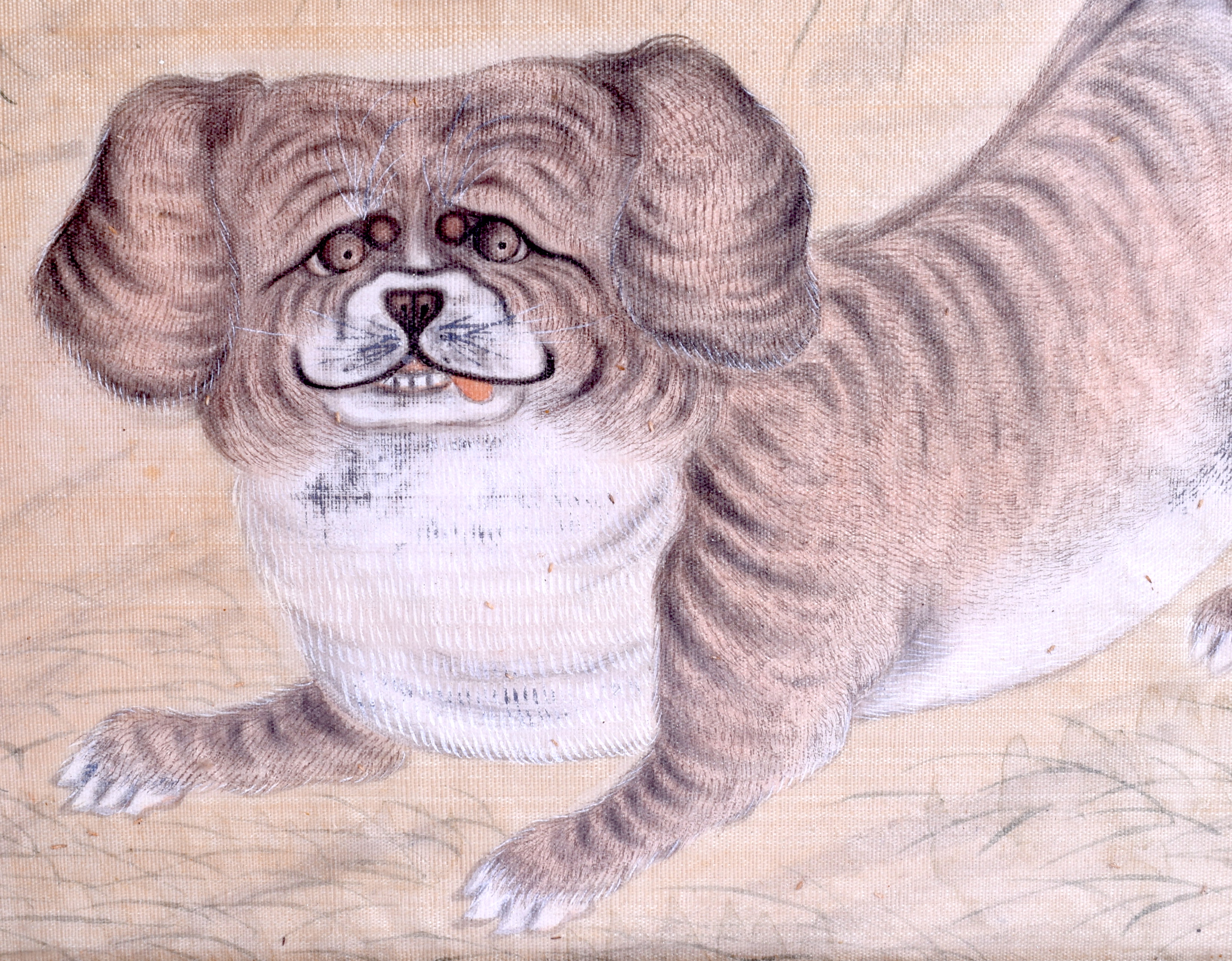 A PAIR OF 19TH CENTURY CHINESE FRAMED WATERCOLOURS depicting a roaming hound within a landscape. 63 - Image 3 of 4