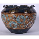 A DOULTON LAMBETH PORCELAIN JADINIERE, formed a wavy rim and painted turquoise and gilt foliage. 24