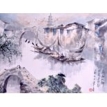 A CHINESE FRAMED WATERCOLOUR 20th CENTURY, Boat upon a river. Image 45 cm x 36 cm.