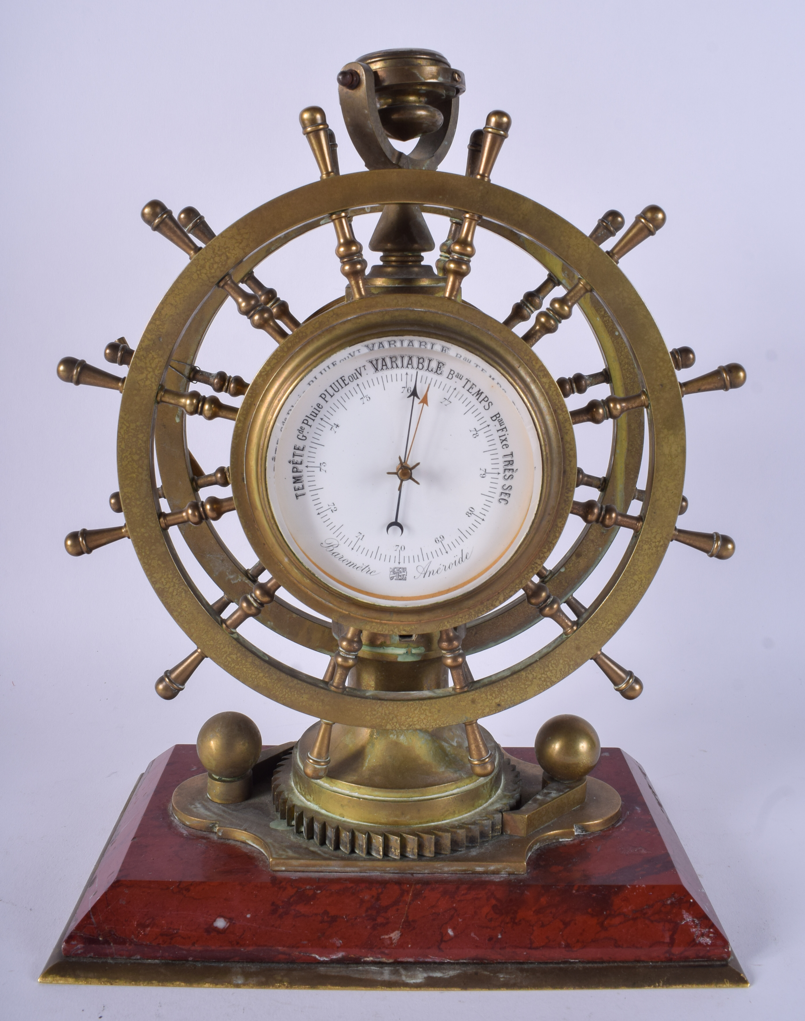 A RARE 19TH CENTURY FRENCH INDUSTRIAL SHIPS WHEEL BRONZE CLOCK with twin dials, silvered compass an - Image 2 of 3