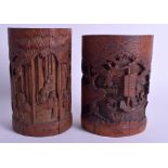 A NEAR PAIR OF LATE 19TH CENTURY CHINESE BAMBOO BRUSH POTS Qing. 16 cm x 11 cm.