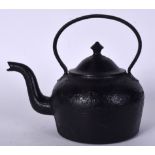 AN ANTIQUE IRON KETTLE, formed with a high loop handle. 31 cm wide.