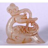 A 20TH CENTURY CHINESE CARVED HARDSTONE DUCK, formed with a lingzhi fungus in its beak. 5.5 cm x 5