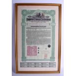 A FRAMED CHINESE IMPERIAL HUKUANG RAILWAY GOVERNMENT BOND dated 15th March 1913, No 40275. 64 cm x