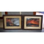 NEOPOLITAN SCHOOL (early 20th century) FRAMED PAIR OIL ON CARD, a view of the eruption of Mount Ves