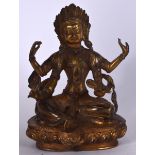 A 20TH CENTURY CHINESE SINO TIEBTAN BRONZE BUDDHA, inset with turquoise and coral coloured stones.