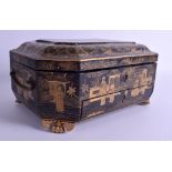 AN EARLY 19TH CENTURY CHINESE EXPORT BLACK LACQUER SEWING BOX Qing, decorated with figures within l