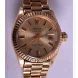 A BOXED ROLEX OYSTER DATEJUST 18CT GOLD LADIES WRISTWATCH with 18 ct gold strap. 62.5 grams overall
