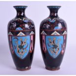 A PAIR OF EARLY 20TH CENTURY JAPANESE MEIJI PERIOD CLOISONNE ENAMEL VASES. 19 cm high.