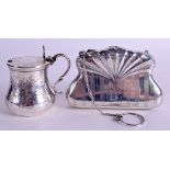 AN ANTIQUE SILVER PURSE and a silver mustard pot. 7.5 oz. (2)