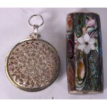 A ABALONE INSET WHITE METAL CASE, together with a pendant. (2)