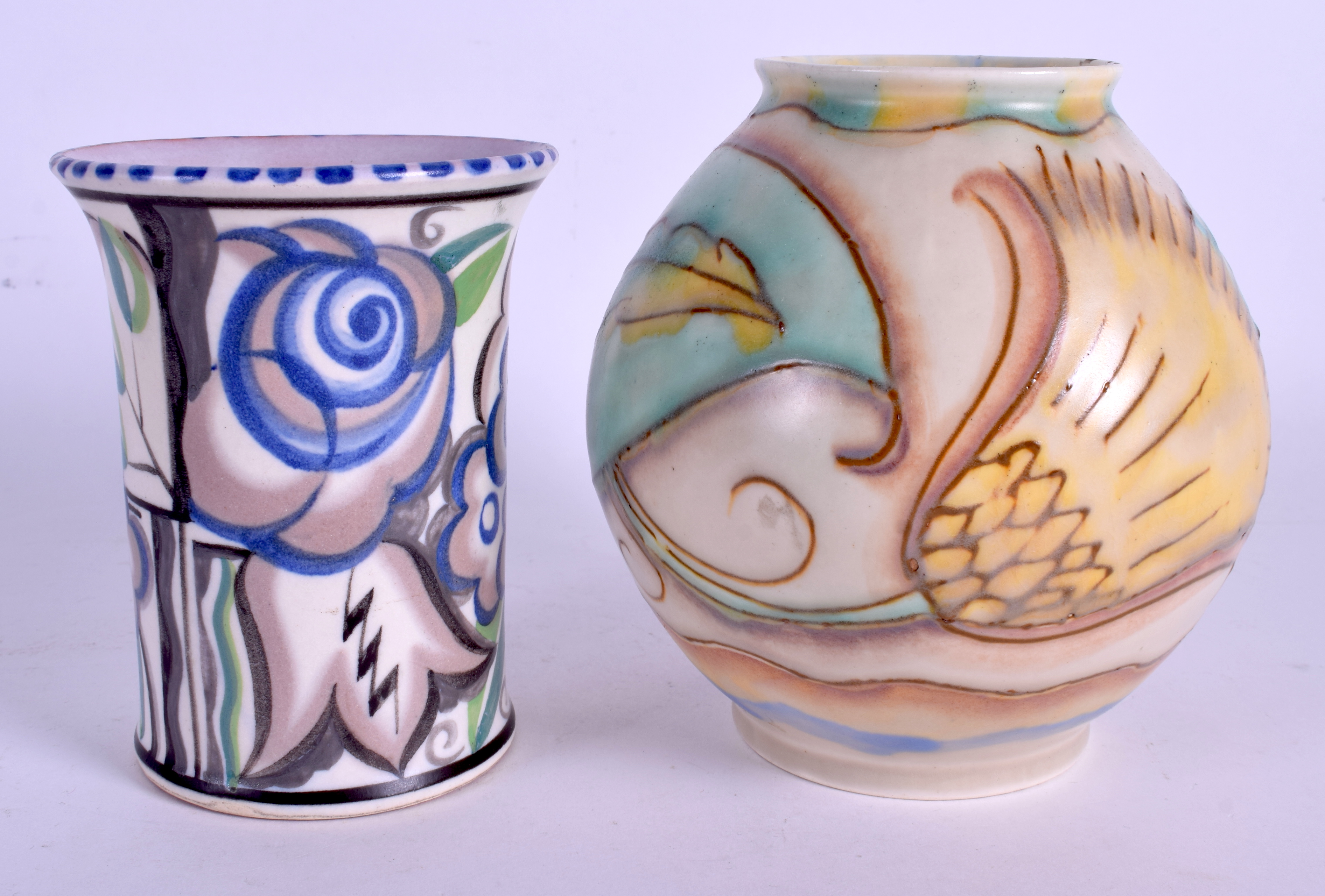 AN ART DECO POOLE VASE together with a similar Carlton ware vase. 12 cm & 14 cm high. (2)