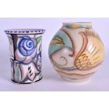 AN ART DECO POOLE VASE together with a similar Carlton ware vase. 12 cm & 14 cm high. (2)