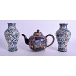 A PAIR OF 19TH CENTURY JAPANESE MEIJI PERIOD CLOISONNE ENAMEL VASES together with a similar teapot