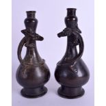 A PAIR OF 16TH/17TH CENTURY CHINESE BRONZE GARLIC NECK VASES Yuan/Ming. 18 cm high.