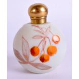 A LATE VICTORIAN OPALINE ENAMELLED GLASS SCENT BOTTLE painted with cherries. 7 cm high.