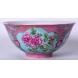 A 20TH CENTURY CHINESE PINK GROUND PORCELAIN BOWL BEARING KANGXI MARKS, painted with panels of foli