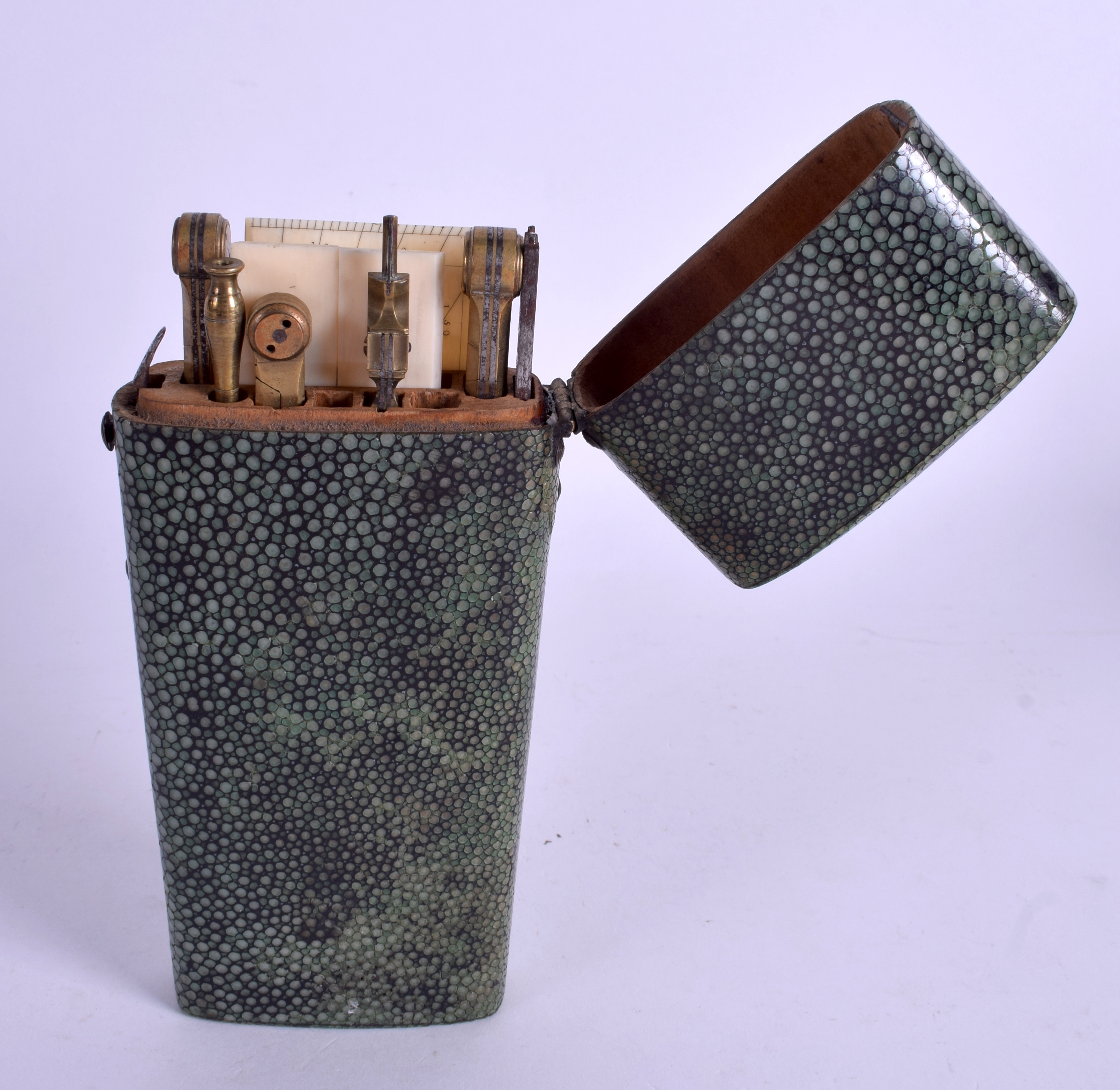 A LARGE GEORGE III SHAGREEN TRAVELLING RAY SKIN ETUI containing numerous instruments. 17 cm x 7 cm. - Image 2 of 4