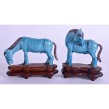 A PAIR OF EARLY 20TH CENTURY CHINESE BLUE GLAZED PORCELAIN HORSES. 10 cm x 5 cm.