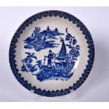 AN 18TH CENTURY CAUGHLEY BLUE & WHITE PORCELAIN DISH, painted with the fisherman and cormorant patt