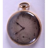 AN ART DECO 14CT GOLD POCKET WATCH with silvered dial. 56.4 grams overall. 4.25 cm diameter.