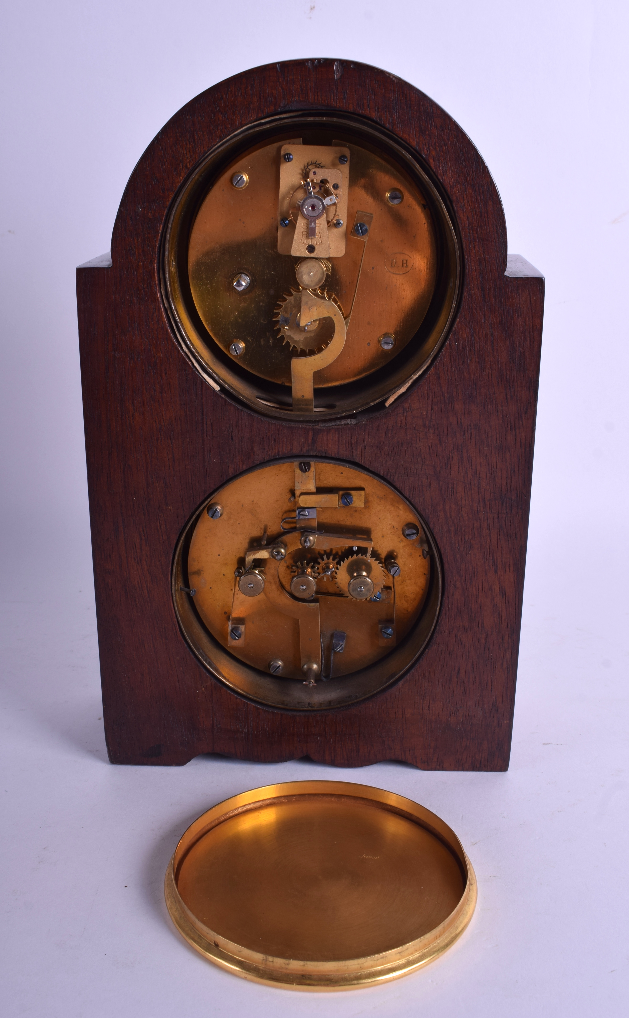 AN ENGLISH MAHOGANY CLOCK CALENDAR TIME PIECE MANTEL CLOCK with two dials. 25 cm x 14 cm. - Image 2 of 2