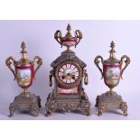 A LATE 19TH CENTURY FRENCH GILT SPELTER AND PORCELAIN CLOCK GARNITURE. Mantel 35 cm x 15 cm. (3)