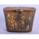 A GOOD 18TH CENTURY CARVED CONTINENTAL HORN SNUFF BOX decorated with figures and swirling motifs. 5