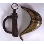 AN EARLY 20TH CENTURY ISLAMIC BRASS POWDER FLASK, engraved with foliage, together with a lock. (2)