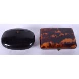 AN ART DECO FAUX TORTOISESHELL COMPACT together with a carved nut inscribed snuff box. 8.25 cm wide