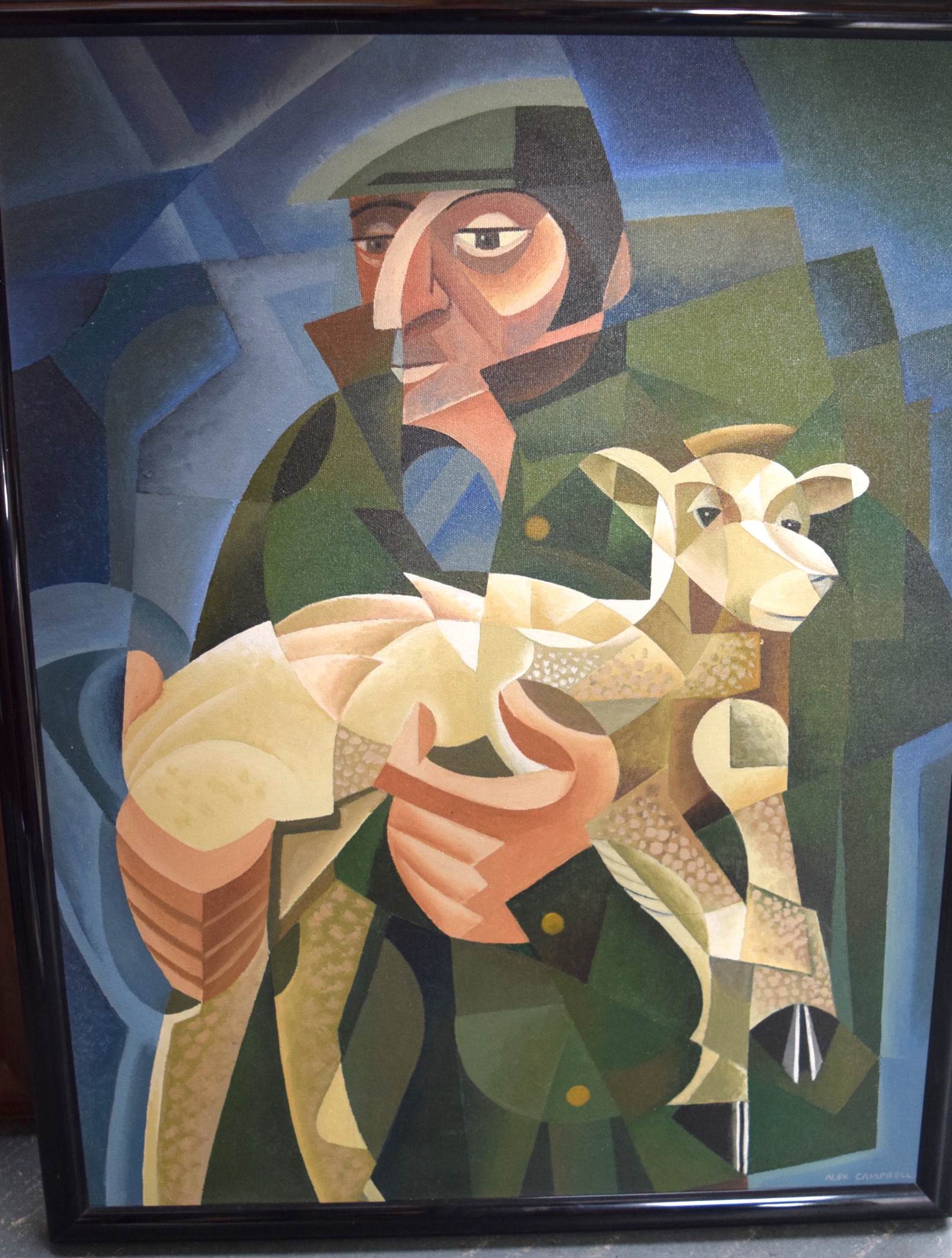 ALEX CAMPBELL (20th century) FRAMED ACRYLIC ON CANVAS, signed, cubist male holding a lamb, inscript