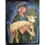 ALEX CAMPBELL (20th century) FRAMED ACRYLIC ON CANVAS, signed, cubist male holding a lamb, inscript