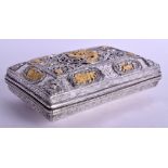 A 19TH CENTURY CHINESE TIBETAN SILVER AND GILT RECTANGULAR BOX AND COVER possibly a hand warmer, de